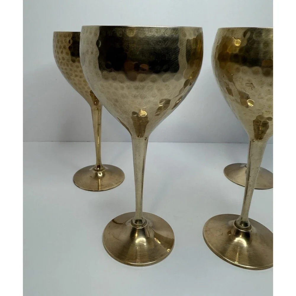 Vintage Hammered Solid Brass‎ Wine Goblets 7.5” Set Of 4 Made In India. Polished